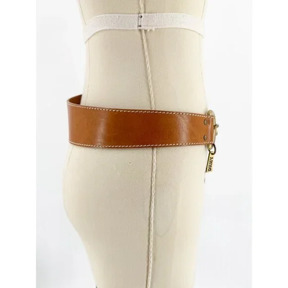 DKNY Cognac Italian Leather Belt w/ Gold-tone Hook Loop M